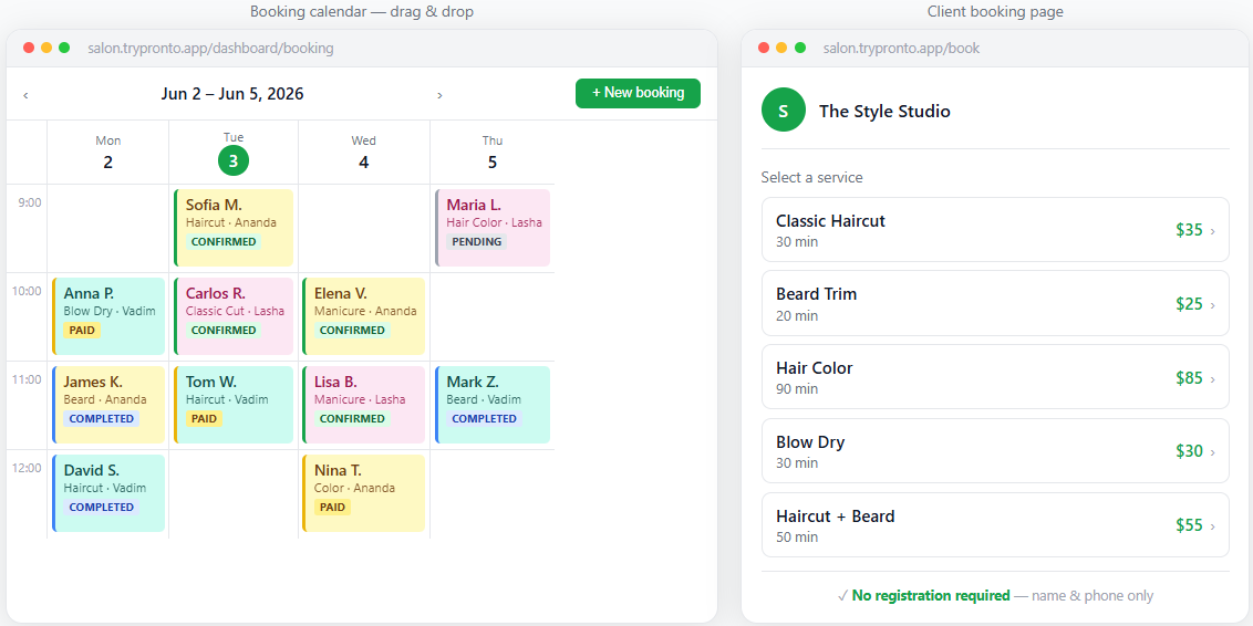 Pronto — calendario de reservas y página de reservas para clientes